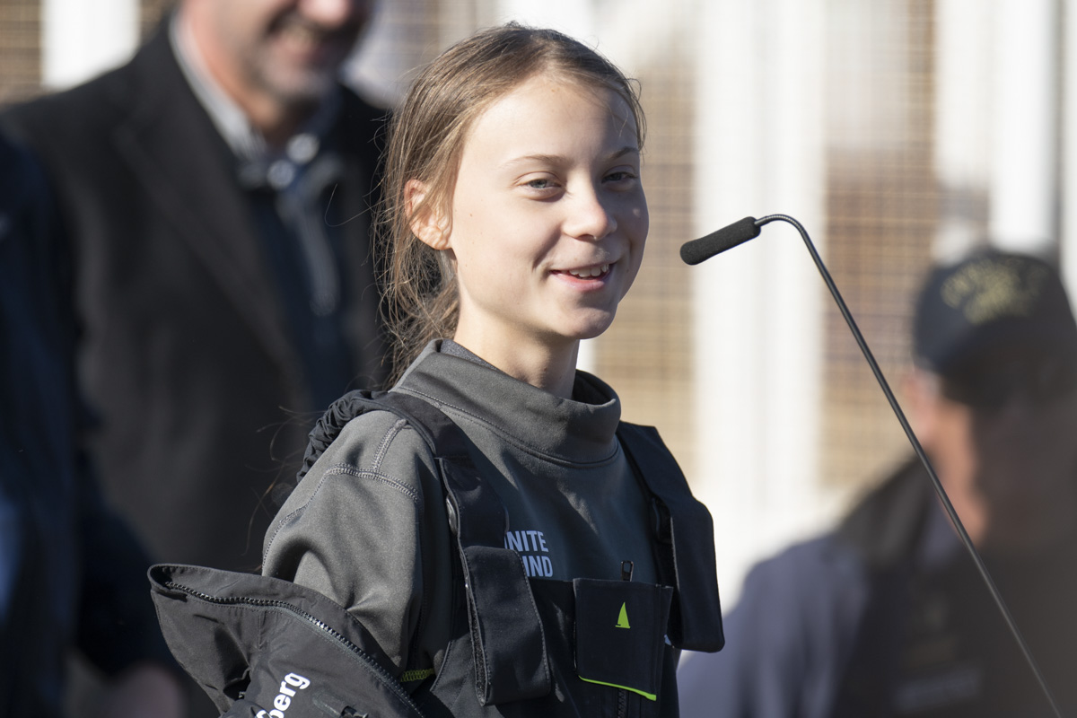 Greta Thunberg à chegada ao Cais de Santo Amaro, em Lisboa