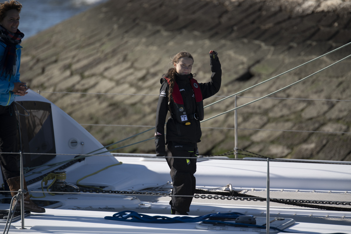 Greta Thunberg à chegada ao Cais de Santo Amaro, em Lisboa