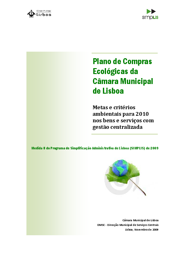 Plano de Compras Ecológicas Câmara Municipal de Lisboa